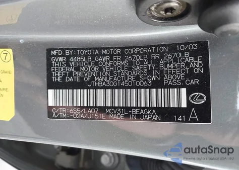 2004 Lexus Es 330 z USA, uszkodzony, nr VIN JTHBA30G145010063